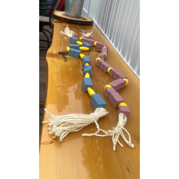 Chunky Wooden Mauve and Yellow Beaded Garland with Jute Tassels - Picture 9 of 10